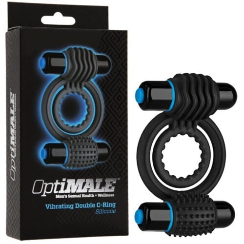 Doc Johnson OptiMALE Vibrating Double C-Ring Black * Dual Stimulating Silicone Cock and Testicle Ring with 10 Functions