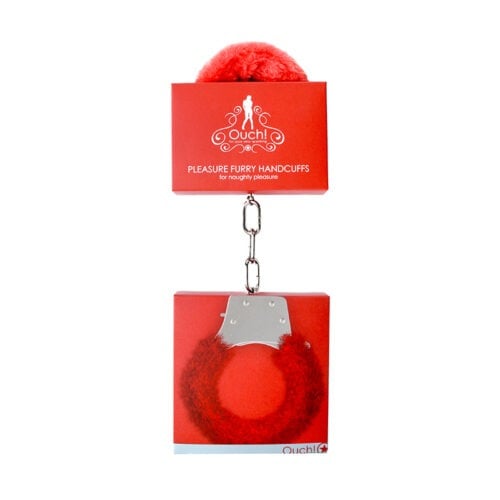 Shots America LLC Ouch! Pleasure Furry Handcuffs with Quick-Release Red - Beginner's Metal and Faux Fur Restraints