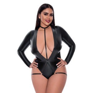 Magic Silk Liquid Onyx Long Sleeve Teddy with Harness Caging in Black * Size 2XL