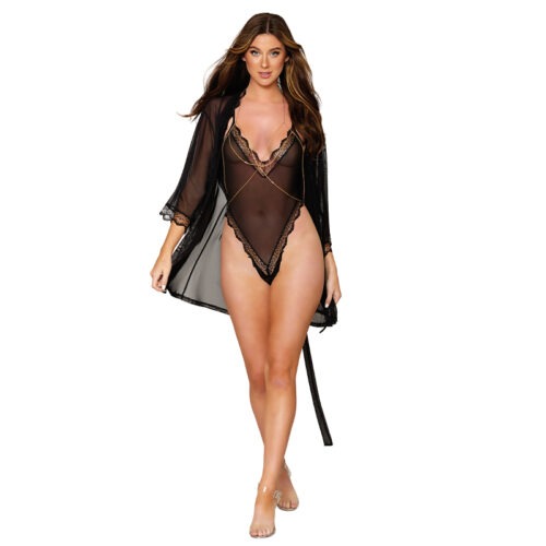Dreamgirl International Mesh Robe & Strappy Back Teddy with Lace Trim in Black, Size XL (DG12652-BLK-XL)