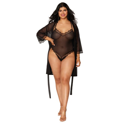 Dreamgirl Mesh Robe and Strappy Back Teddy with Lace Trim in Black, 3X (Part #DG12652X-BLK-3X)