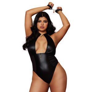 Dreamgirl International Wetlook Corseted Back Halter-Neck Teddy with Wrist Restraints, Black Queen Size (Part