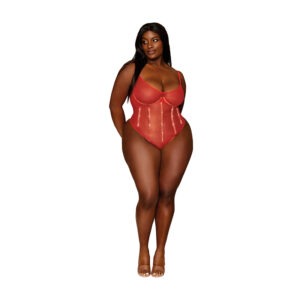 Dreamgirl Gold-foiled Stretch Mesh Teddy with Rhinestone Detailing and Heat-Sealed Edges in Ruby * 1XL