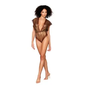 Dreamgirl International Delicate Gold-Foil Lace Blouson Teddy & Rhinestone Metal Underwire Bra Set Size Small