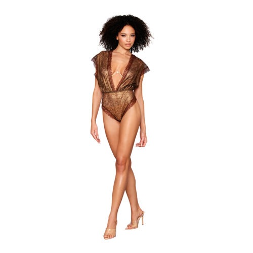 Dreamgirl International Delicate Gold-Foil Lace Blouson Teddy & Rhinestone Metal Underwire Bra Set Size Small