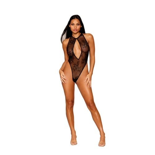 Dreamgirl International Stretch Lace Halter Teddy with Keyhole Neckline and Rhinestone Fringe Back in Black - Size Medium
