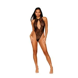 Dreamgirl International Stretch Lace Halter Teddy with Keyhole Neckline and Rhinestone Fringe Back, Black