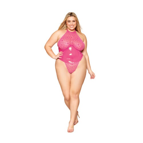 Dreamgirl International Flocked Heart Stretch Mesh and Vinyl Halter Teddy Peony 1XL