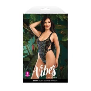 Vibes Fantasy Lingerie flash reactive bodysuit in its retail package with a model on the front