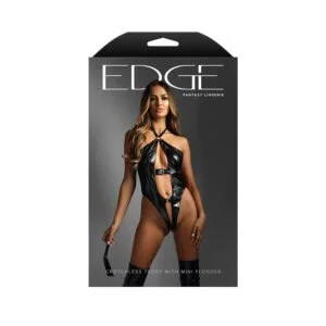 Fantasy Lingerie Edge Croc Embossed Wetlook Crotchless Teddy with Mini Flogger - M/L