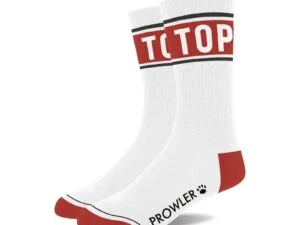 Simply Pleasure Ltd Prowler Top Socks - White with Red Accents and Bold Messaging