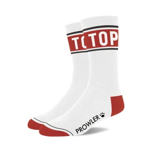 Simply Pleasure Ltd Prowler Top Socks - White with Red Accents and Bold Messaging