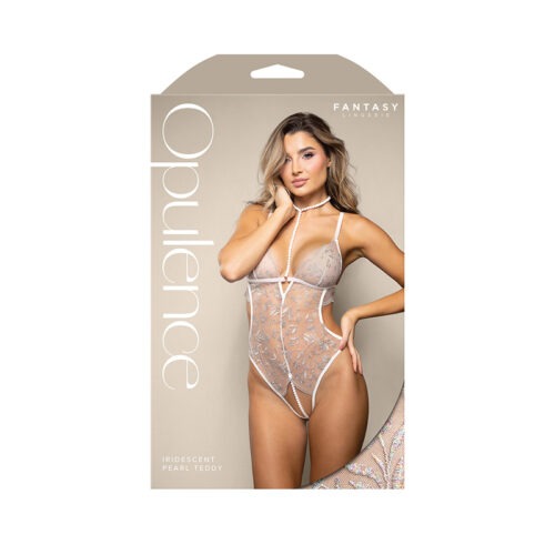Fantasy Lingerie Opulence Metallic Embroidered Teddy with Pearl Harness and Open Pearl Crotch - M/L