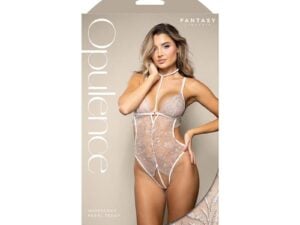 Fantasy Lingerie Opulence Metallic Embroidered Teddy with Pearl Harness and Open Crotch, L/XL