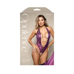 Fantasy Lingerie Opulence Foil Mesh Plunging Pearl Halter Teddy L/XL