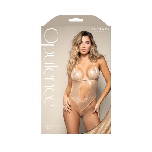 Fantasy Lingerie Opulence Foil Mesh Cut-Out Halter Teddy L/XL with Stimulating Pearl Accents