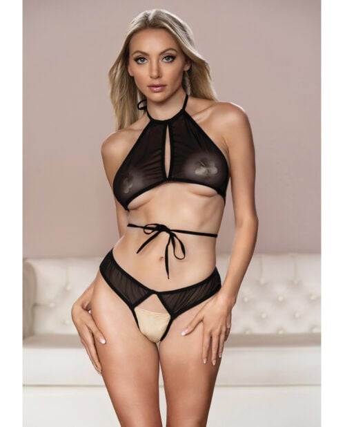 Allure Marley Mesh Peek-A-Boo Top & Open Panty Set in Black, Small/Medium