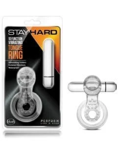 Blush Stay Hard Vibrating Tongue Ring - 10 Function Clear | Couples Cock Ring with Removable Bullet and