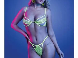 Glow by Fantasy Lingerie Mind Control UV Reactive Lace and Mesh Underwire Bra & Thong Set - Neon Green