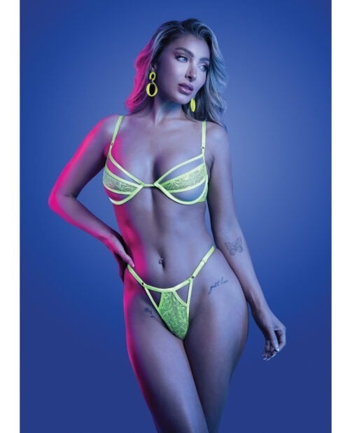 Glow by Fantasy Lingerie Mind Control UV Reactive Lace and Mesh Underwire Bra & Thong Set - Neon Green, Medium/Large