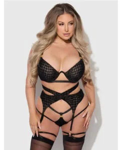 House of Desire Snake Velvet-Burnout Mesh Lingerie Set for Plus Size Women – Black 1X/2X