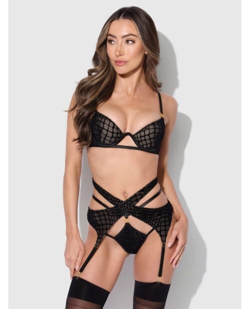 House of Desire Snake Velvet-Burnout Mesh Lingerie Set in Black, Size XL