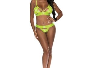 Exposed Strap-Tease Bra & Crotchless Panty Neon Yellow L/XL by Magic Silk