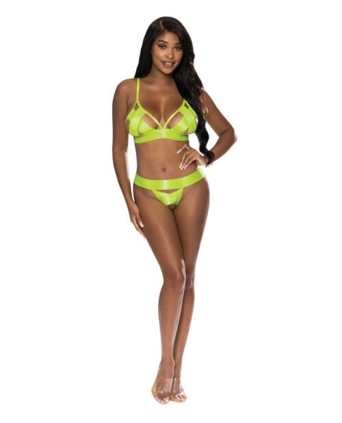 Exposed Strap-Tease Bra & Crotchless Panty Neon Yellow L/XL by Magic Silk