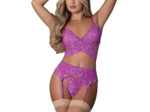 Magic Silk Butterfly Fantasies Cross Over Bralette, Garter & Thong Set in Neon Purple * Small/Medium