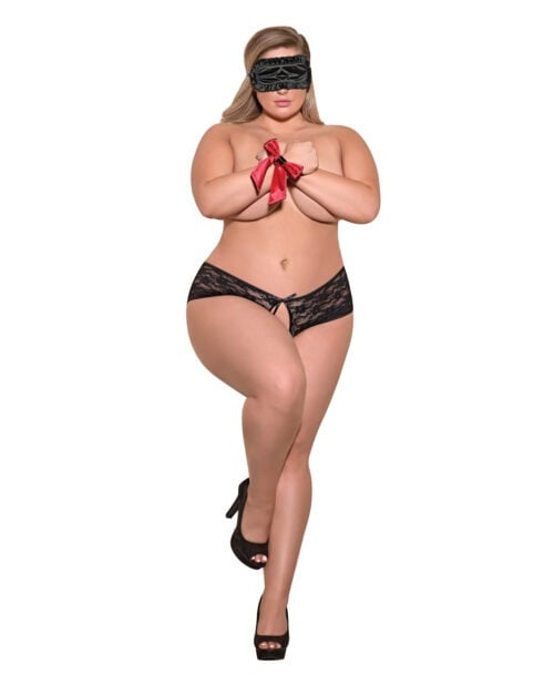 Magic Silk Exposed Love & Bondage Split Back Lace Short Set with Blindfold and Wrist Ties * Queen Size Black