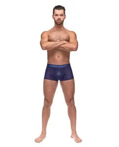 Male Power Diamond Mesh Mini Short Blue Small - Sheer Stretch Lingerie with Branded Waistband