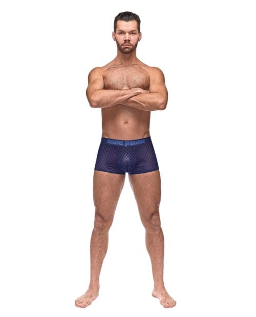 Male Power Diamond Mesh Mini Short Blue Small - Sheer Stretch Lingerie with Branded Waistband