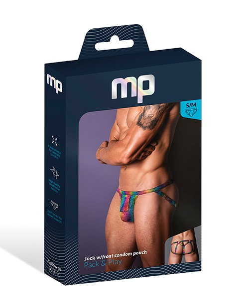 Male Power Pack & Play Jock with Front Condom Pocket – Rainbow, Small/Medium - Image 3