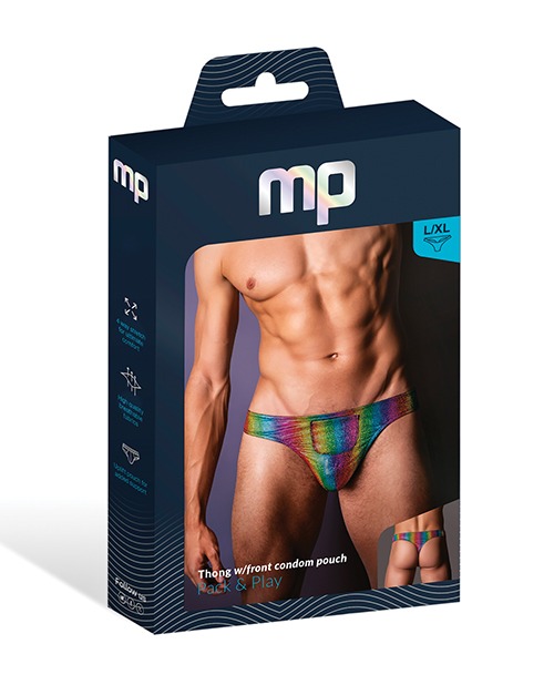 Male Power Pack & Play Thong with Front Condom Pouch – Rainbow, Large/XLarge (Part #421-297 L/XL) - Image 3