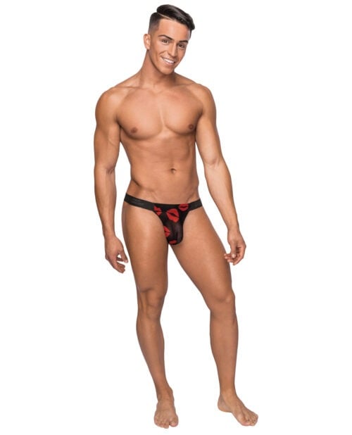 Male Power Kiss Me Stretch Mesh Micro Thong in Black & Red (L/XL)