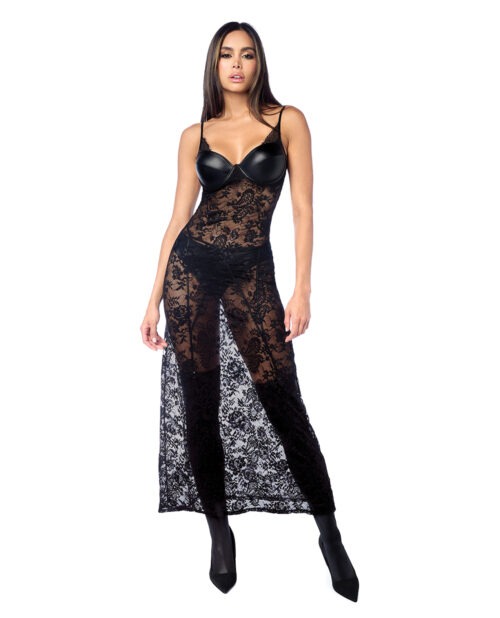Mapale Lace Underwire Long Gown with Panty and Garter Belt - Black L/XL