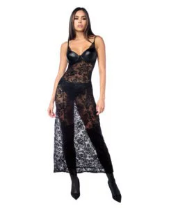 Mapale Lace Underwire Long Gown with Panty & Garter Belt Set in Black Size S/M