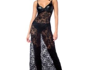 Mapale Lace Underwire Long Gown with Panty & Garter Belt Set in Black Size S/M