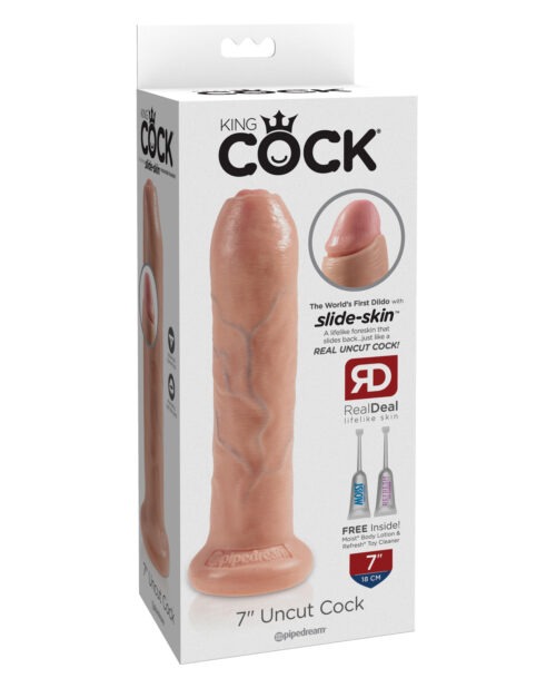 King Cock 7" Uncut Dildo - Flesh with Realistic Movable Foreskin and Suction Cup Base