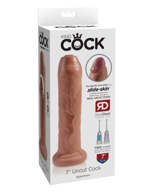 King Cock 7" Uncut Dildo – Tan by Pipedream Products with Movable Foreskin and Suction Cup Base