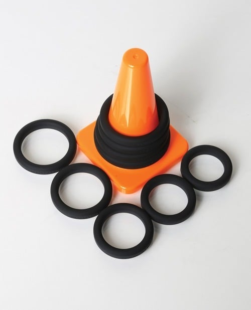Perfect Fit Xact-Fit Cock Ring Set with Play Zone Storage - Black Silicone and ABS Plastic