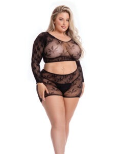 Pink Lipstick Leaf It to Me Long Sleeve Crop Top & Shorts * Queen Size Black Lingerie Set