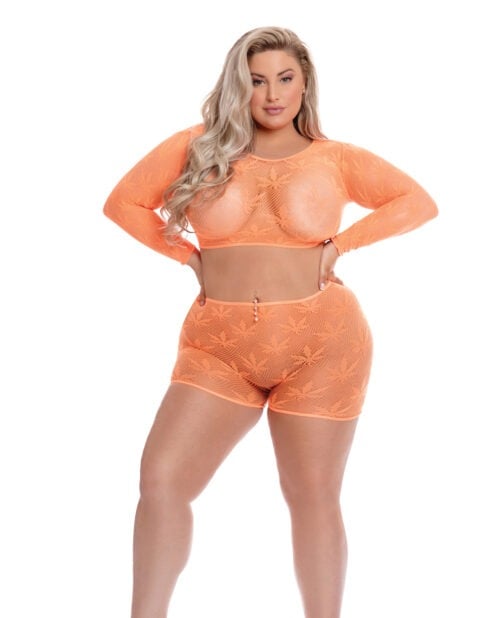 Pink Lipstick Leaf It to Me Long Sleeve Crop Top & Shorts for Queen Size - Orange