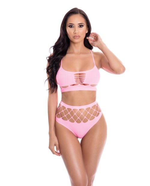 Pink Lipstick Neon Dreams Pink Lingerie Set - Bra & High Waist Thong, One Size