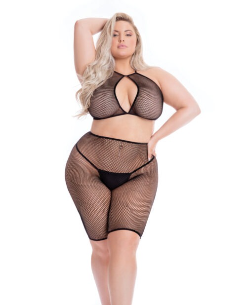 Pink Lipstick Sunset Glow Halter Bra & Bike Shorts for Plus Queen Size - Black