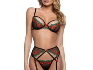 Roma Confidential Cherry Delight 3-Piece Lingerie Set with Embroidered Lace and Satin Details * Black XL