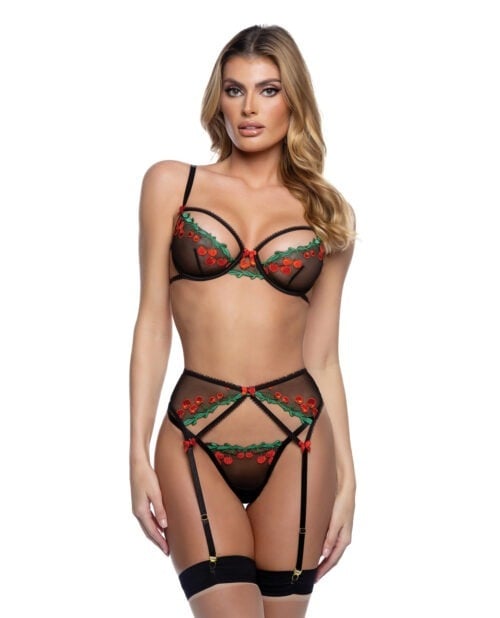 Roma Confidential Cherry Delight 3-Piece Lingerie Set with Embroidered Lace and Satin Details * Black XL