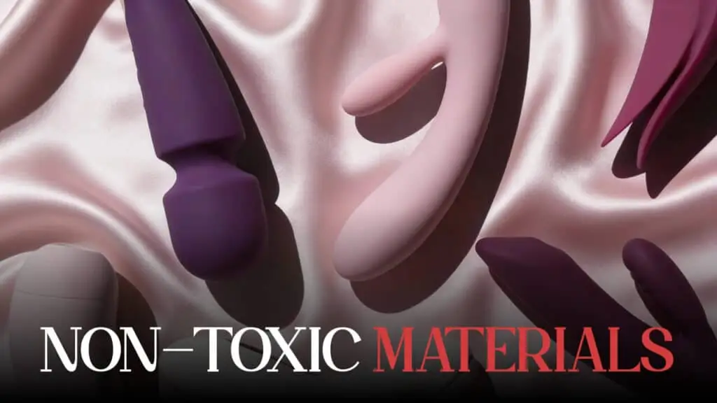 Blog banner reading Non Toxic Materials over silicone toys on satin