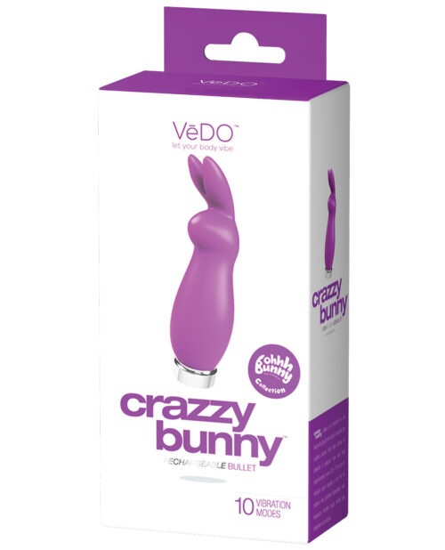 VeDO Crazzy Bunny Rechargeable Bullet Vibrator – Purple, Powerful 10-Mode Motor, Waterproof, Compact Design