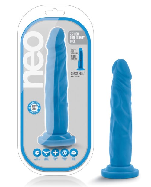 Blush Neo Dual Density 7.5" Cock in Neon Blue – Realistic Vibrating Dildo with Suction Cup Base and Harness Compatibility